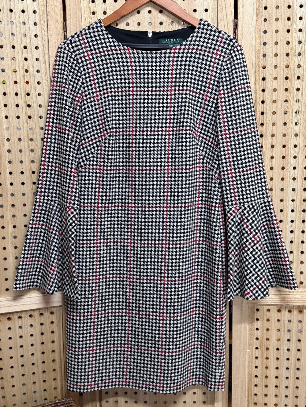 Lauren Ralph Lauren Houndstooth Plaid Bell Sleeve Sheath Dress Size 8